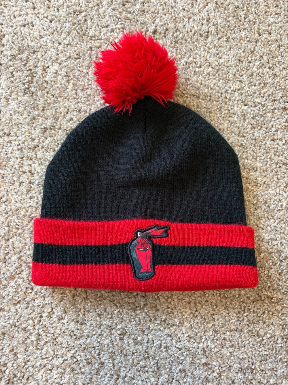 Fortnite Black and Red Pom Beanie Hat with Bottle Patch